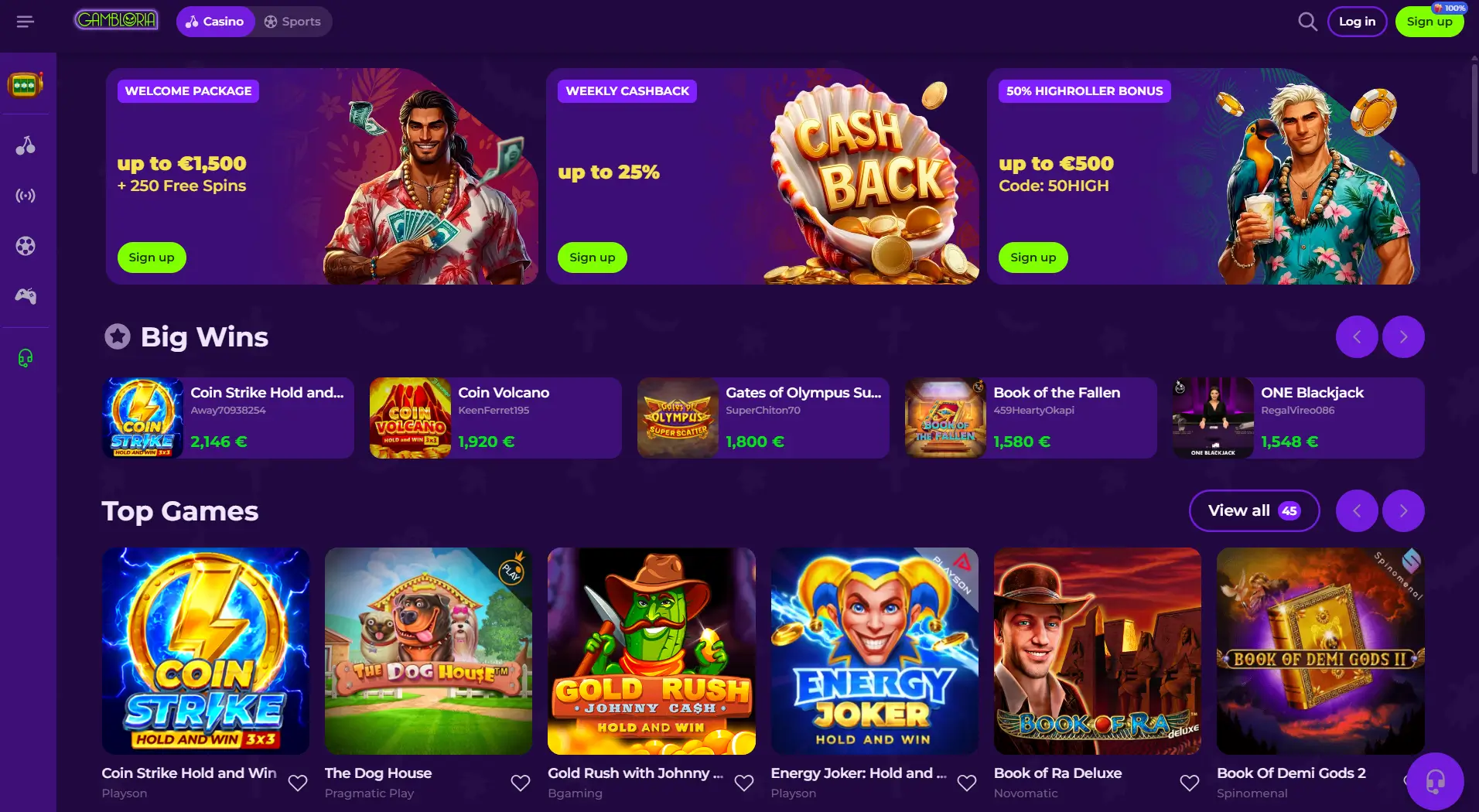 Gambloria Casino-Startseite mit Willkommenspaket, wöchentlichem Cashback und beliebten Slots