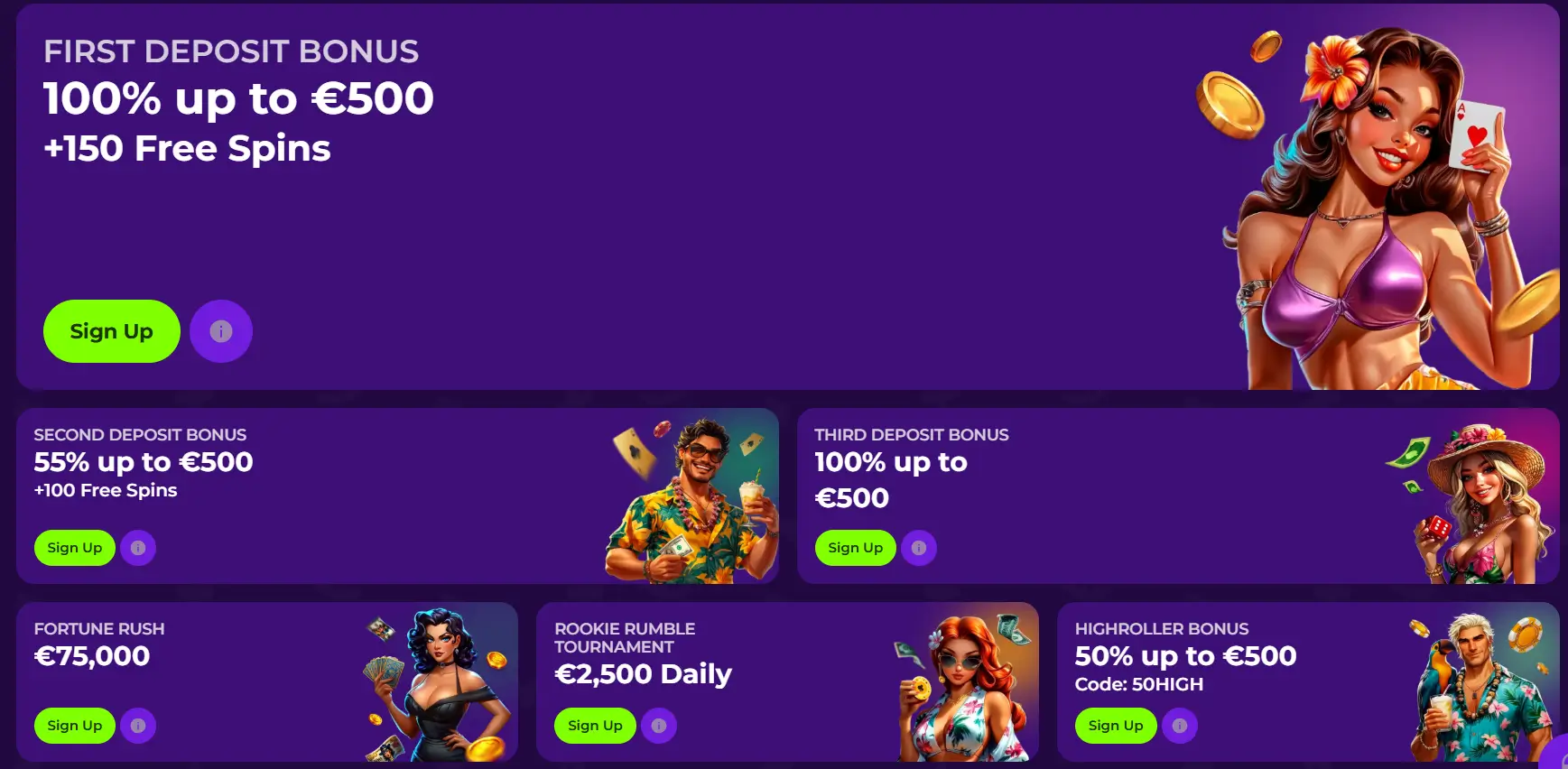 Gambloria Ersteinzahlungsbonus-Seite mit 100 % bis 500 € und 150 Freispielen
